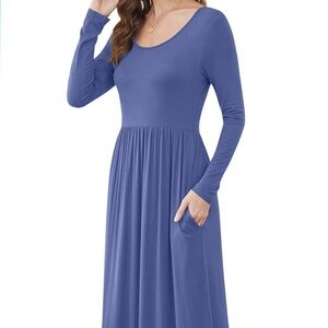 Casual Blue Long Sleeve Crew Neck Maxi Dress